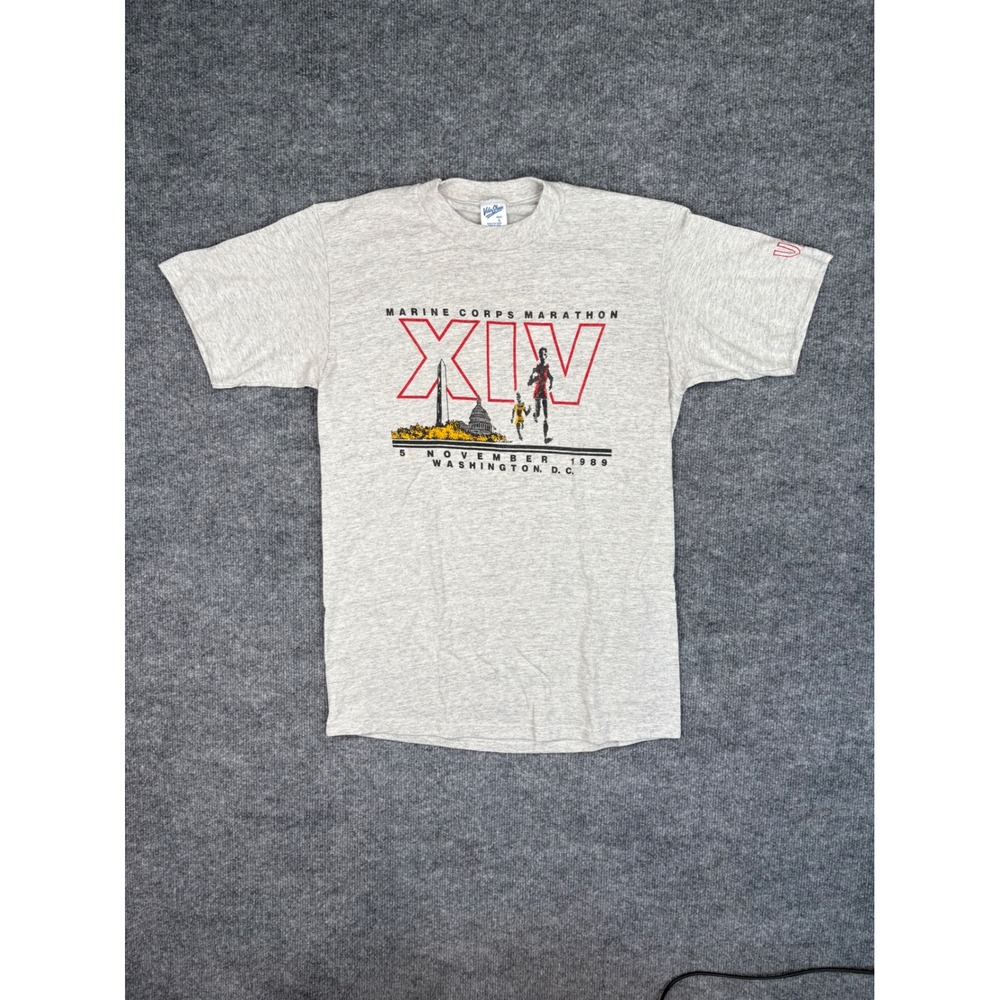 Vintage 1989 Marine Corps Marathon XIV T Shirt Velva Sheen Gray Large USMC 80s
